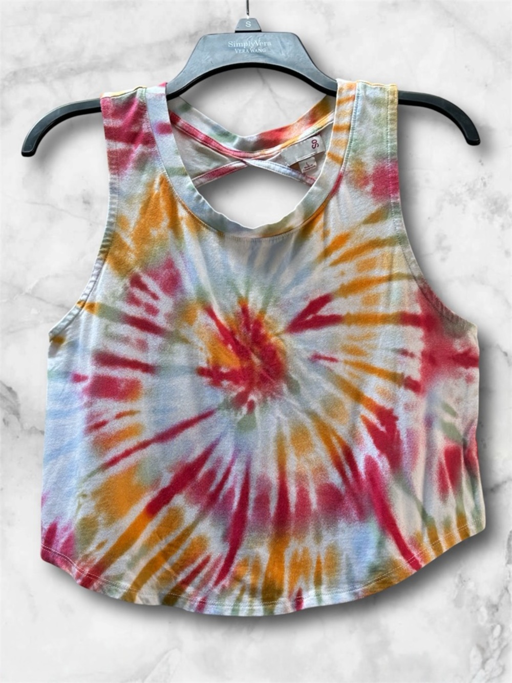 SO Tie Dye Crop Tank Top Twisted Back Cutout Burgundy Mustard Colorful Size L